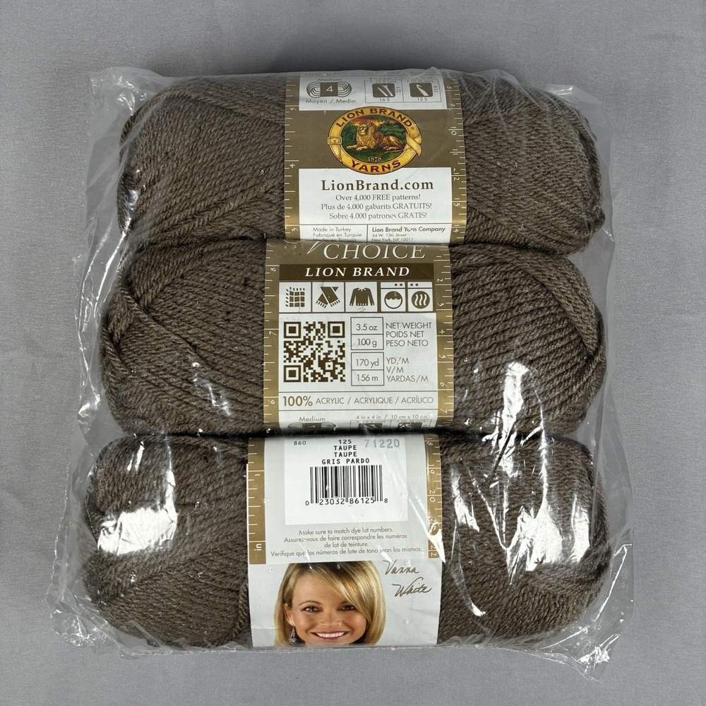 (3 Pack) Lion Brand Yarn Vanna's Choice Taupe 125 Acrylic 3.5 oz, 170 Yds New